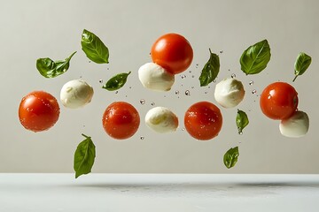 Deconstructed caprese salad with floating tomato slices, mozzarella balls, and fresh basil 