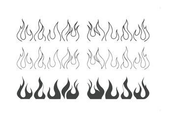 Flame Design Elements: Set of stylized flame graphics, perfect for adding a fiery touch to your designs.  Includes variations in line weight and fill for versatility. 
