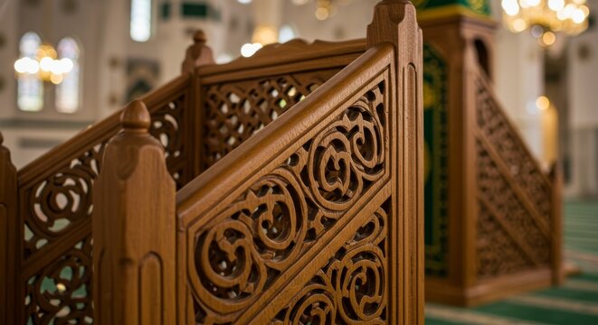 Close-up shot of a handcrafted wooden minbar-style podium,