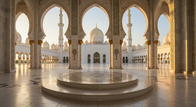 serene marble podium placed inside a grand mosque courtyard, bathed in soft golden hour light