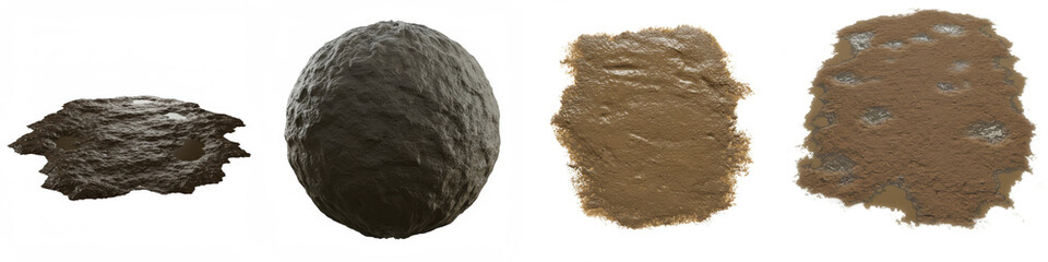 Fototapeta premium Mud Textures: Sphere, Puddle, and Clump - Diverse mud textures for backgrounds, game assets, or art. Symbolizing nature, earth, decay, imperfection, and texture