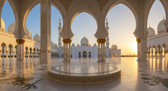 serene marble podium placed inside a grand mosque courtyard, bathed in soft golden hour light