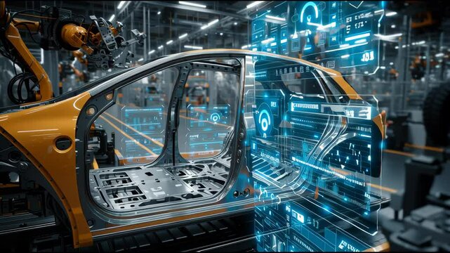 A sophisticated machine vision system conducts detailed scans of car components to ensure precision and quality in the manufacturing process. This technology enhances production efficiency