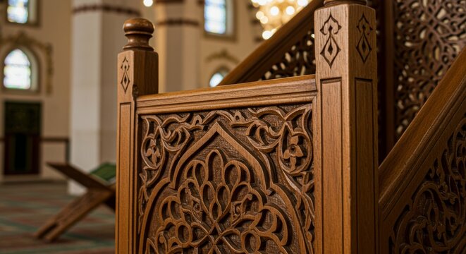Close-up shot of a handcrafted wooden minbar-style podium,