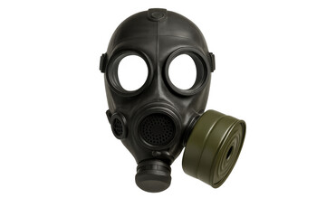 Black gas mask with green filter protecting from chemical, biological, and nuclear warfare, isolated on transparent background
