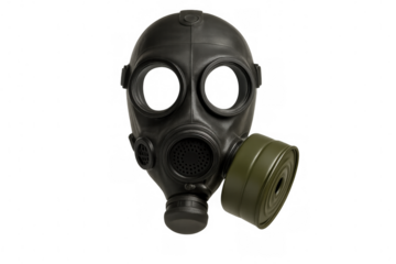 Black gas mask with green filter protecting from chemical, biological, and nuclear warfare, isolated on transparent background