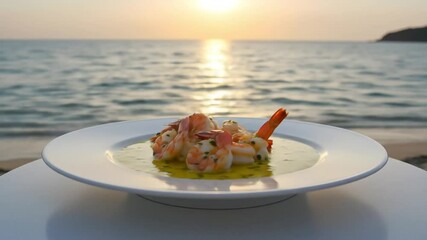 Delicious shrimp dish rotating on a plate with a calm beach background. Perfect for seafood commercials, tropical food promos, and restaurant advertisements near the sea.