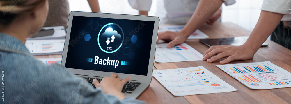 Poster Backup Storage Data Internet Technology Business concept. Database storage cloud technology file data transfer sharing, cyber, big data information, internet banking application download upload brisk