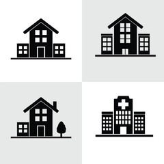 Four Building Icons Showcasing Different Architectural Styles in Contrasting Backgrounds Illustrating Diversity in Infrastructure and Urban Development.