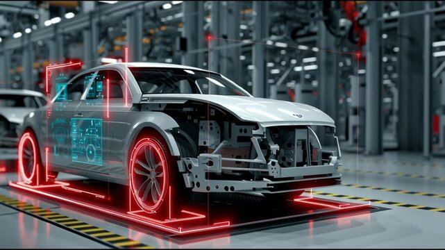 Advanced machine vision technology is actively scanning and evaluating car components on an automated assembly line to ensure quality control and precision manufacturing