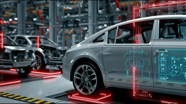 A cutting-edge machine vision system analyzes car components on the production line. High-tech scanning processes ensure quality control and precision in manufacturing