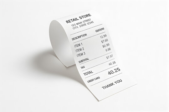 Retail Store Receipt Roll with Printed Itemized Purchase List on White Background