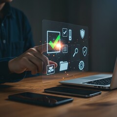 Fototapeta premium Scientist in blue gloves carefully adds red liquid to test tubes in a laboratory