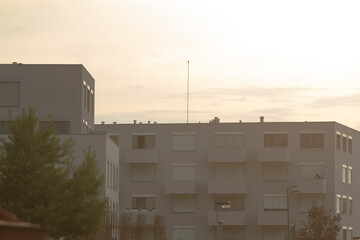 In a bustling city, a large building filled with numerous windows is elegantly surrounded by abundant trees beneath a gray, cloudy sky