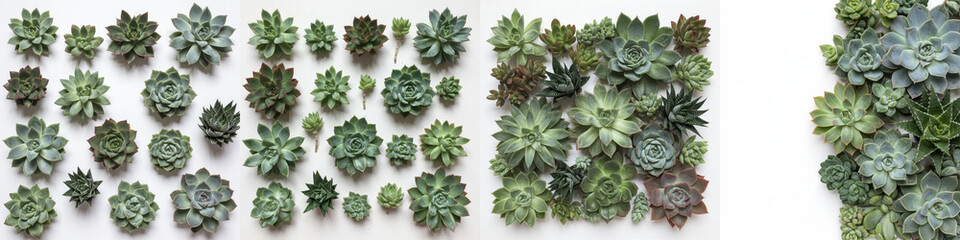 Succulent Collection Variety - Diverse assortment of succulents arranged in rows, showcasing various sizes, shapes, and shades of green.