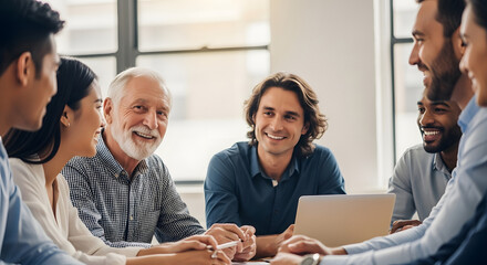 Diverse Group of Businesspeople Meeting in Modern Office Bright Natural Light Friendly Atmosphere