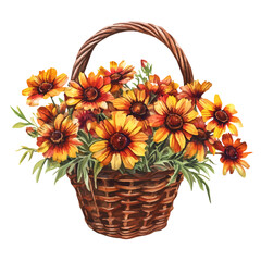A Helenium Flower Basket, watercolor illustration vector, isolated on a white background.