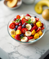 Glass bowl of fresh fruit salad with strawberries, bananas, mango, blueberries, and peach on marble counter
