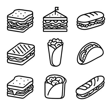 Sandwich Icon Grid. Outline icon set of sandwiches: BLT sandwich, club sandwich, sub roll, panini, wrap taco,