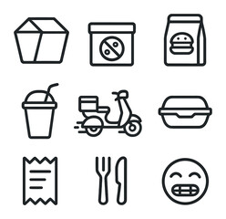 Food Delivery Icons. Outline icon set of food delivery: takeout box, pizza box, burger bag, disposable cup,