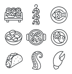 Seafood Icon Grid. Outline icon set of seafood dishes: sushi platter, shrimp skewer, grilled fish, seafood