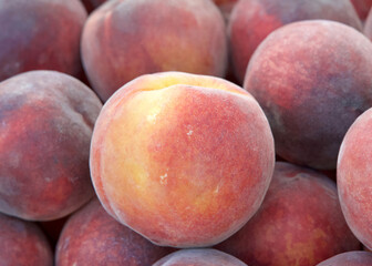 Close up on pile of fresh picked peaches. For sale at Farmers Market
