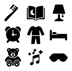 Bedtime Routine Icons. Solid, filled icons set of bedtime routine: toothbrush, bedtime storybook, night lamp,