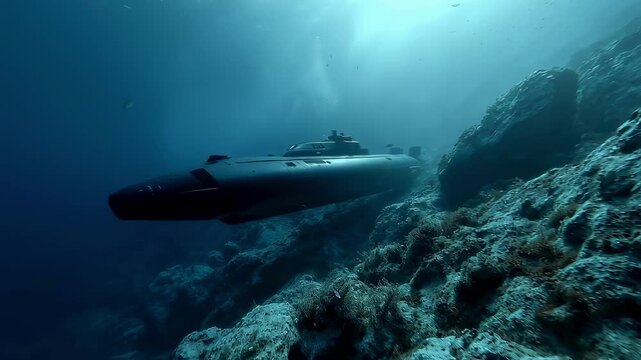 A dramatic underwater scene featuring a submarine navigating through rocky seabed terrain demonstrating the agility and performance of its pumpjet propulsion in a challenging environment