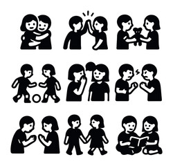 Sibling Love Icons. Solid, filled icons set of sibling love: hugging, high five, shared toy, team sports,