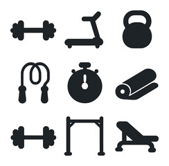 Fitness Icons Grid. Solid, filled icons set of fitness training: dumbbell, treadmill, kettlebell, jump rope,