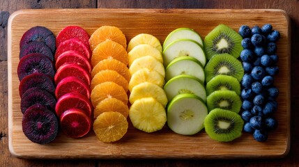 Vibrant Rainbow Fruit Slices on Wooden Cutting Board