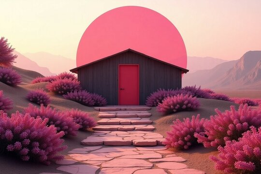 Pink And Purple Flower Landscape With Futuristic Portal At Sunset


