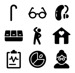 Healthy Aging Icons Set. Solid, filled icons set of healthy aging: walking stick, reading glasses, hearing aid