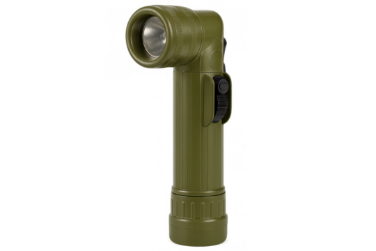 Green right angle flashlight emitting light isolated on transparent background, perfect for compositing