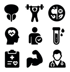 Men's Health Icons. Solid, filled icons set of men's health: prostate icon, workout icon, diet plate, mental
