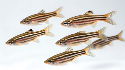 Fototapeta premium A group of six zebra danio fish swimming together. They have a striped pattern with orange and silver colors. The background is plain white.
