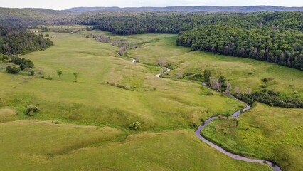 Obraz premium Picturesque green landscape with rolling hills and a meandering river.