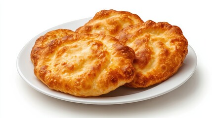 Minimalist arrangement of golden samosas on a clean white plate against a bright background