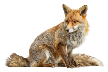 PNG Red fox sitting alertly with fluffy tail against white background