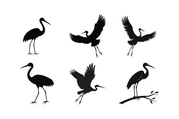A set of stork silhouette vector art illustration