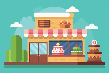 Colorful bakery shop with decorative cakes and sweets on display in a cheerful setting