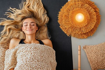 Enjoying tranquility in savasana on a dark yoga mat with warm light and cozy elements