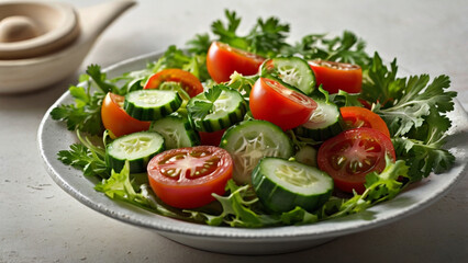 Freshly sliced tomatoes and cucumbers mixed in a light salad. Natural and refreshing meal.