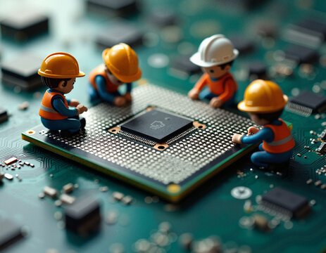 Tiny workers on Blurred background, in safety gear repair a massive microchip on circuit board. Electronic elements symbolizing the microworld of electronics maintenance and intricate chip technology