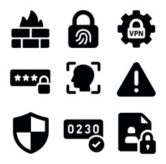 Cybersecurity Icon Set. Solid, filled icons set of cyber workspace: firewall, digital lock, VPN gear, password