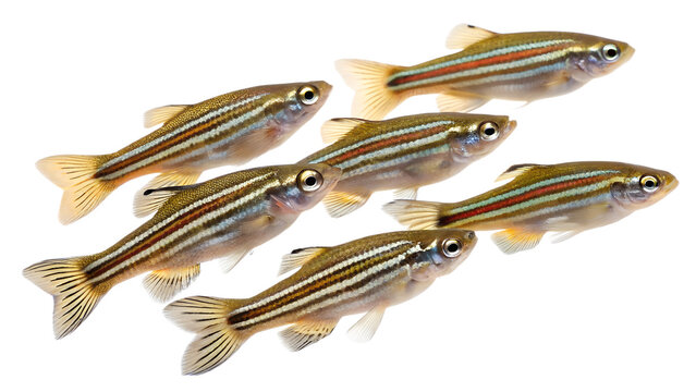 A group of six zebrafish swimming together. They have a transparent background, showcasing their distinct stripes and streamlined bodies.