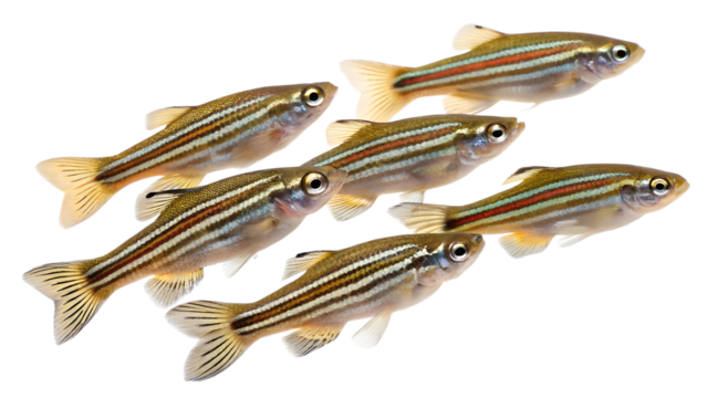 A group of six zebrafish swimming together. They have a transparent background, showcasing their distinct stripes and streamlined bodies.