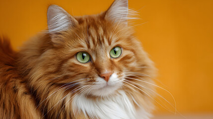 A fluffy ginger cat with piercing green eyes sits alertly against a vibrant orange background. Its fur appears soft and plush, and its gaze adds a sense of curiosity and charm. international day cat