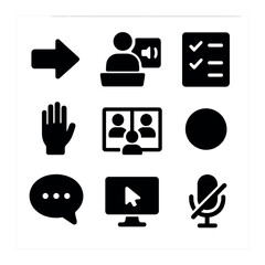 Digital Meetings Icons. Solid, filled icons set of digital meetings: join icon, speaker box, agenda icon, hand