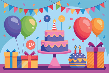 Colorful birthday celebration with balloons, cake, and gifts in a festive atmosphere